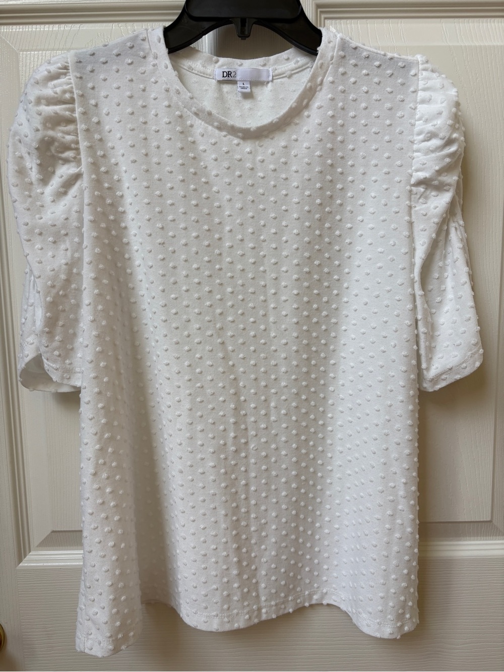 DR2 White Textured Swiss Dot Puff Sleeve top